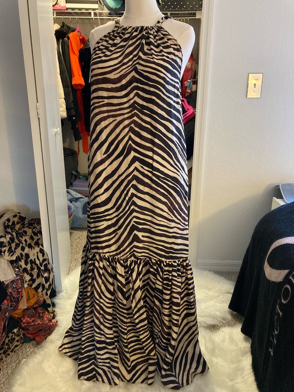 100% silk Banana Republic Black and Cream Zebra-Print Halter Maxi Dress